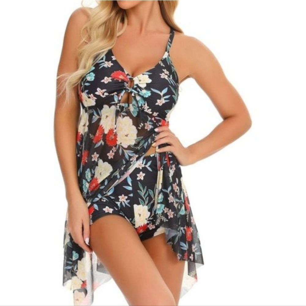 Finwanlo Womens Two Piece Swim Dress Mesh Tankini Top & Bottom Shorts Size XXL
